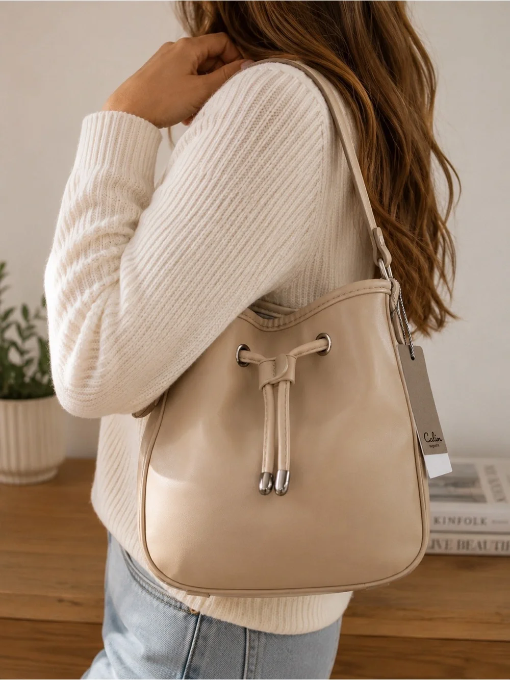 A. Calin Augusta Beige Vegan Leather Bucket Crossbody Bag NWT